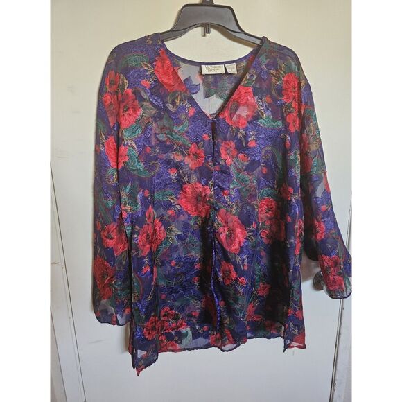 Victoria's Secret S PJ Top Red Purple Floral Sheer Gold Label Vintage Blouse‎ - Picture 1 of 7